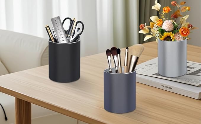 Metal Pen Holder Aluminum Pencil Holder Desktop Organizer Black for Office, School, Home 3.15 x 3.15 x 3.94 Inches-Grey