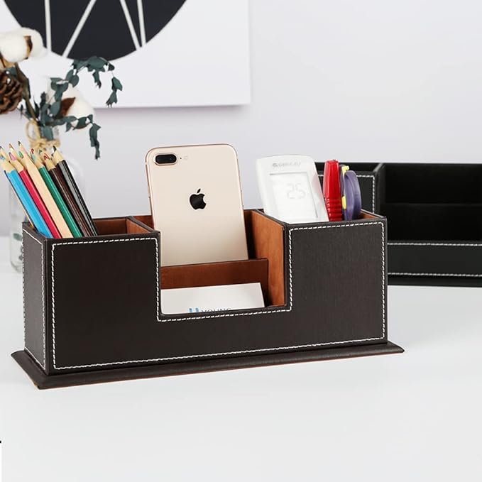 KINGFOM™ Double Holder Wood Leather Multi-Function Desk Stationery Organizer Dark Brown