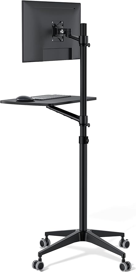 Mobile Desk Workstation,Mulitiuse Rolling Laptop Floor Stand,34"-48.6" Height Adjustable,Compatible with 17"-27" Monitor&12"-17" Laptop,21"×14" Desk Board,Maxload 17.6lbs,4 Lockable Wheels