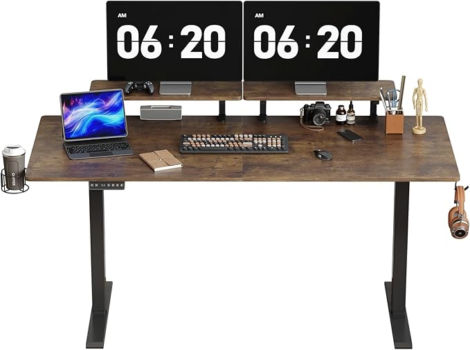 ONBRILL Standing Desk with 2 Adjustable Monitor Shelves, 63 x 24 Inches Electric Stand Up Desk with Memory Controller and Adjustable Height from 28-46 inches for Computer Workstations, Rustic Brown