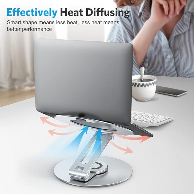 OMOTON Adjustable Laptop Stand with 360 Rotating Base, Ergonomic Laptop Riser for Collaborative Work, Dual Rotary Shaft Fully Foldable for Easy Storage, Fits All Laptops up to 16 inches, Silver