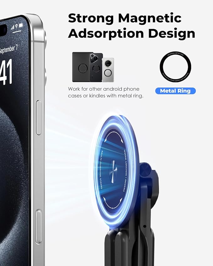 Viozon Portable Laptop Stand for Desk, Foldable Adjustable Computer Riser with Magnetic Phone Holder, Aluminum Laptop Stand for 10–16” Laptops & 4–13” Phones/Tablets (Black)