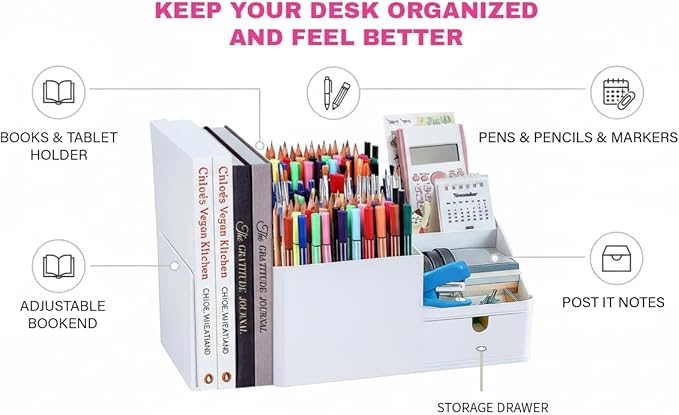 Adjustable Desk Drawer Organizer, Pen Holder, Pencil Holder for desk and Accessories, 5 Compartments, Art Supply Storage Caddy for Desk School Office Supplies