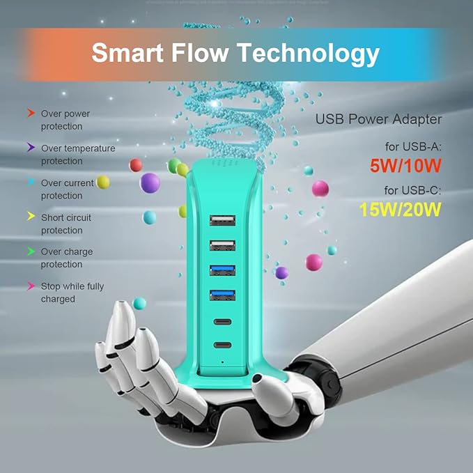 USB Charger Block Upoy, Charging Station for Multiple Devices Apple, USB Hub Power Strip Multiple Ports, Power Block Adapter for Phone, Tablet, Ear Buds, C Charger Block with 5ft Extension Cord