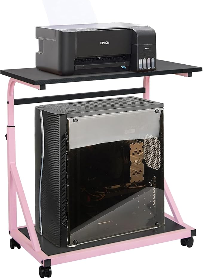 Computer Tower Stand, 2-Tier CPU Holder with Lockable Wheels, Adjustable Height PC Stand for Floor, Mobile PC Laptop Standing Table for Home Office (Black and Pink)