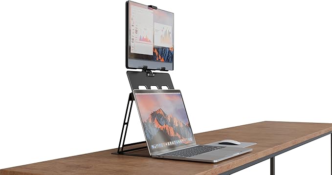HNL Portable Monitor Stand, iPad & Tablet Holder, clamp Retention, Foldable, mountable Small Desk, Supports 7.75 inch to 10.75 inch Screen Width, Travel with Laptop, Black
