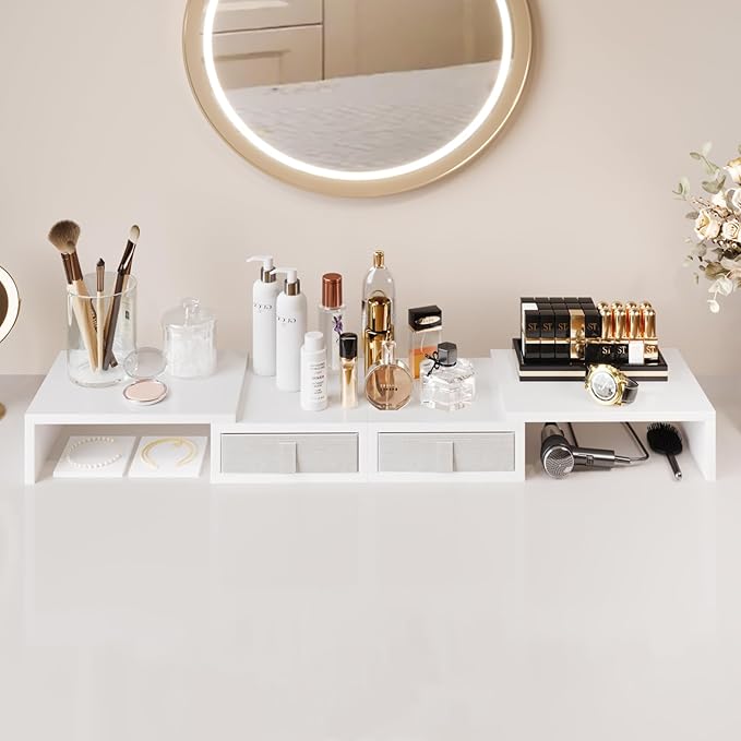 TEAMIX Dual Monitor Stand Riser - Length and Angle Adjustable White Monitor Stand with 2 Drawers to Storage Large Computer Riser for 2 Monitors/Laptop/PC, Wood Screen/TV Stand Desk Organizer (White)