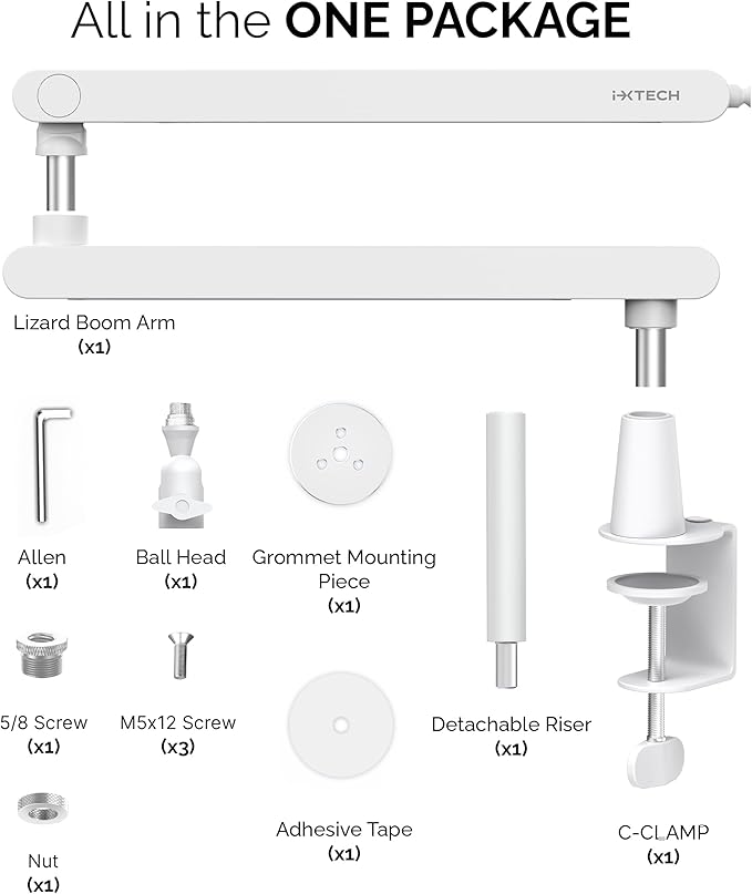 IXTECH White Microphone Boom Arm Stand Low Profile Boom Arm Adjustable Mic Stand with Built In Cable Management 360° Swivel Mic Arm.