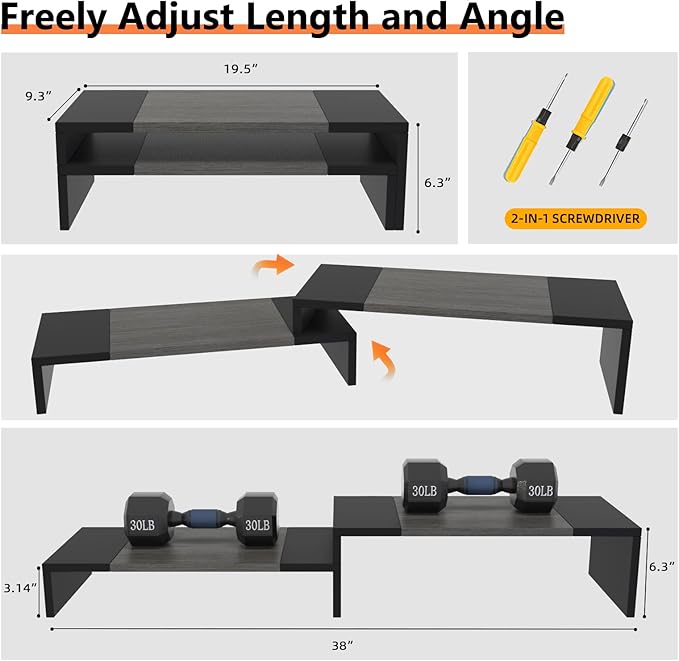 WESTREE Dual Monitor Stand Riser - 2 Shelf Computer Stand with Adjustable Length and Angle, Desktop Organizer for 2 Monitors