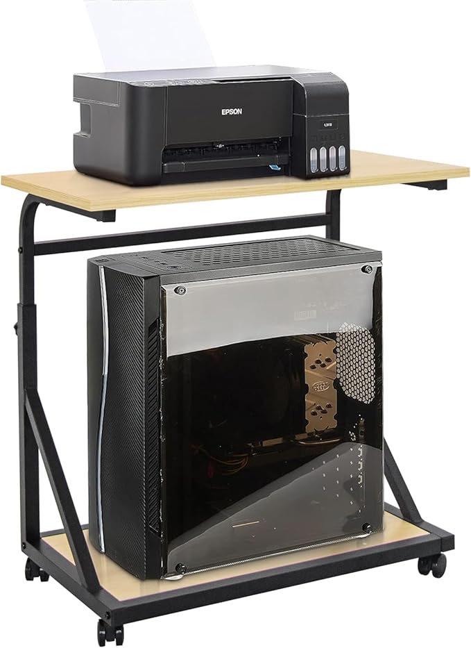 Computer Tower Stand, 2-Tier CPU Stand with Lockable Wheels, Adjustable Height PC Stand for Floor, Mobile PC Laptop Standing Table for Home Office (White Maple)