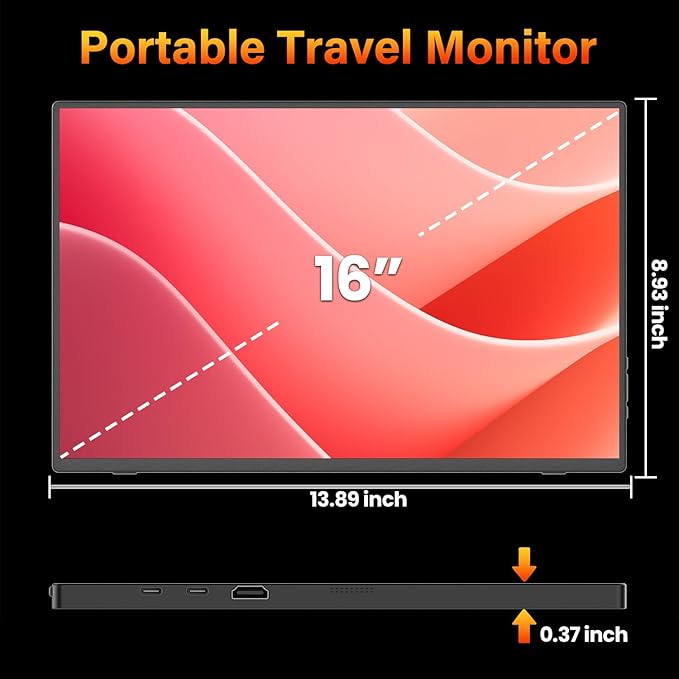 Portable Monitor 16" 2K QHD 2560X1600 450 Nits 106% sRGB 120Hz IPS HDR HDMI USB-C Travel Monitor for Laptop Mac PC Surface PS5 Xbox, External Display with Cover & Speakers, VESA Compatible