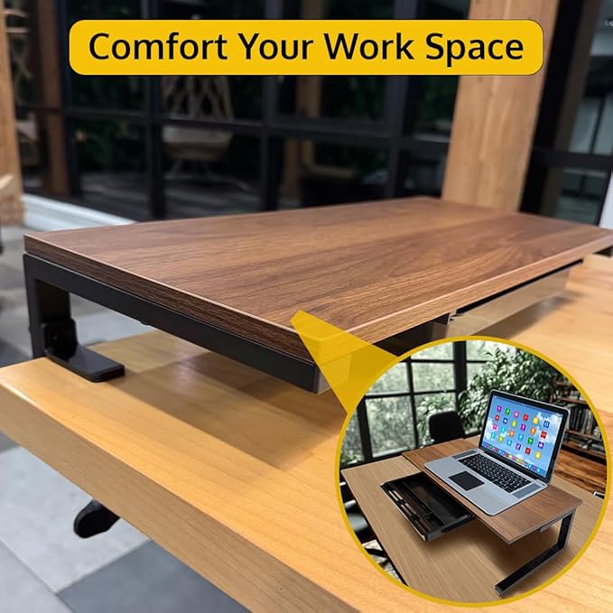 Ergonomic Clamp-On Laptop and Computer Monitor Riser Stand with Drawer, 21.6 x 9.8 inch - Dark Brown|Laptop Stand for Desk, Monitor Riser, Desk Organizer, Office Desk Home Workspace