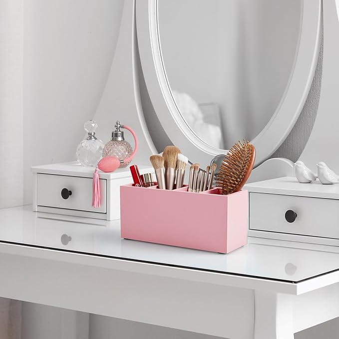 Bivvclaz Pencil Pen Holder for Desk, Wooden Office Desk Organizers and Accessories with 4 Slots for Countertop, Makeup Brush Holder Organizer for Bathroom Vanity, Silverware Caddy for Party, Pink
