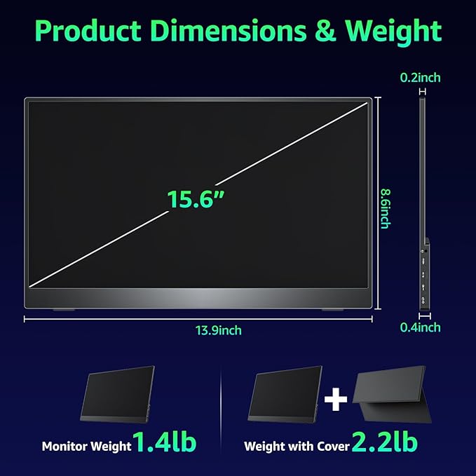 Portable Monitor 15.6 inch 1080P FHD 86% sRGB 60Hz, Travel Monitor for Laptop MacBook Surface PC Xbox PS5, HDMI Dual USB-C VESA Compatible Built-in Speaker, with Cover