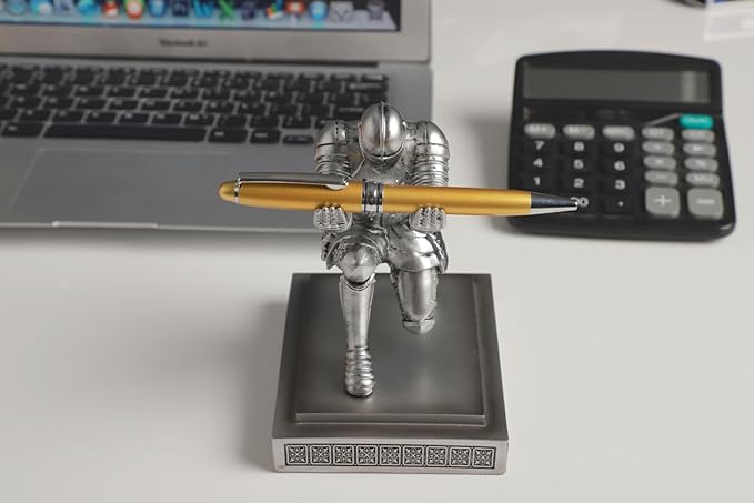 Knight Pen Holder Desk Ornament Resin Pencil Holders Desk Accessories and Organizer For Men with a Cool Pen (Silver)