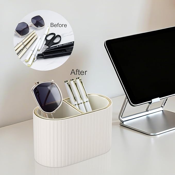 KINGFOM PU Leather Desk Organizer Pen Holder – Dual-Compartment Stylish Pencil Cup Remote Control Holder Desktop Supplies and Accessories Organizer Caddy for Office Home School (Light Beige)