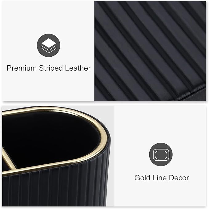 KINGFOM PU Leather Desk Organizer Pen Holder – Dual-Compartment Stylish Pencil Cup Remote Control Holder Desktop Supplies and Accessories Organizer Caddy for Office Home School (Black)