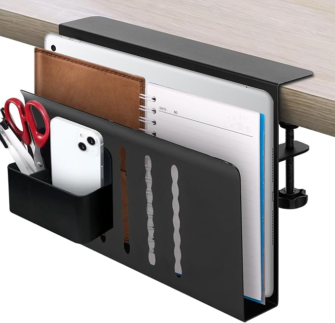 Desk Side Organizer, Desk Laptop Holder with Magnetic Pen Holder, No Drill Hanging Desk Organizer for Office and Home Fits Flat Edge 0.3" to 2.3"