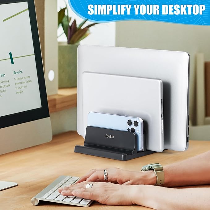 Ryvlan Vertical Laptop Stand, 3 Slot Adjustable Laptop Storage Rack and Desk Organizer, Silicone-Padded Holder for Multiple Devices Storage, Compatible Stand for Tablets and Devices up to 17 Inches