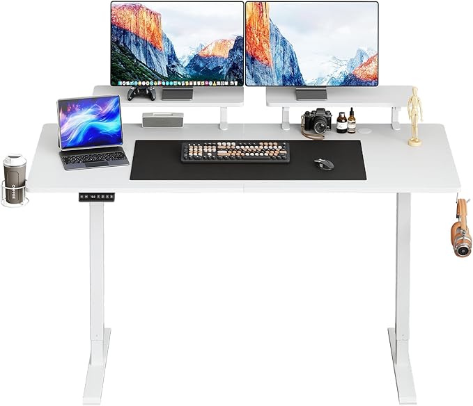 ONBRILL Standing Desk with 2 Adjustable Monitor Shelves, 71 x 24 Inches Electric Stand Up Desk with Memory Controller and Adjustable Height from 28-46 inches for Computer Workstations, White