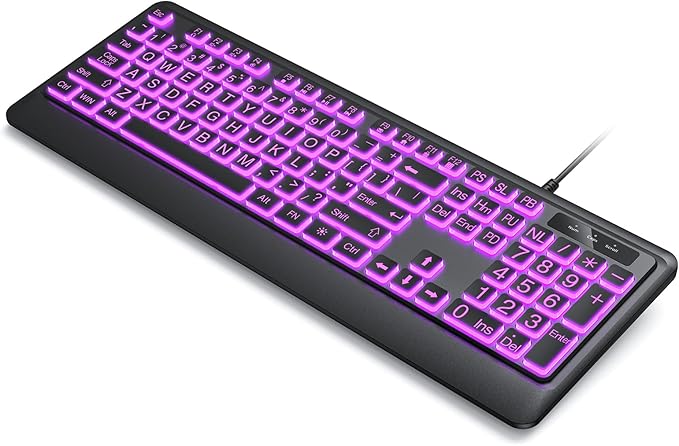 Large Print Keyboard - 7 Interchangeable Backlight Colors, Light Up USB Wired Computer Keyboards, USB Plug-and-Play, Foldable Stands, Corded Full Size Keyboard for Windows, PC, Laptop
