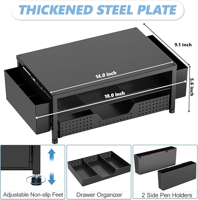 OPNICE Desk Organizer, 2-Tier Computer Monitor Stand Riser with Drawer and 2 Pen Holders, Laptop Stand, Office Desk Accessories for Office Supplies, Black – Hot Seller
