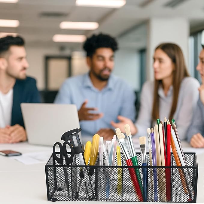 2 Pcs Black Metal Mesh Desk Organizer Pen Holder 6 Compartments Pencil Holder for Desk, pen organizer for Office Supplies, Pencil Caddy, Makeup Brush Storage, Home and Classroom Accessories