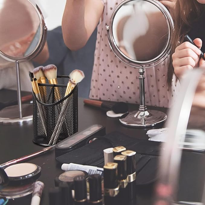 2 Pack Mesh Pencil Holder Pen Cup for Desk Round Black Pen Holder Desktop Pen Organizer 3 Compartments Pencil Organizer Desk Organizer for Office Home School