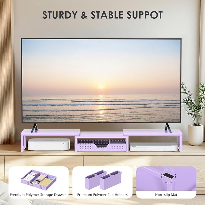 OPNICE Purple Desk Organizers and Accessories, Dual Computer Monitor Stand Riser with Drawer and 2 Pen Holders, Office Desk Accessories, Workspace Desktop Organization for Office Supplies