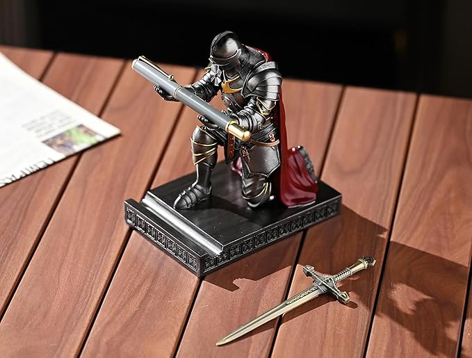 Medieval Armored Warrior Wearing Outerwear, Mobile Phone Stand Knight Pen Holder Desk Organizers, Resin Bookends Paperweight with a Letter Opener for Desk (Iron)