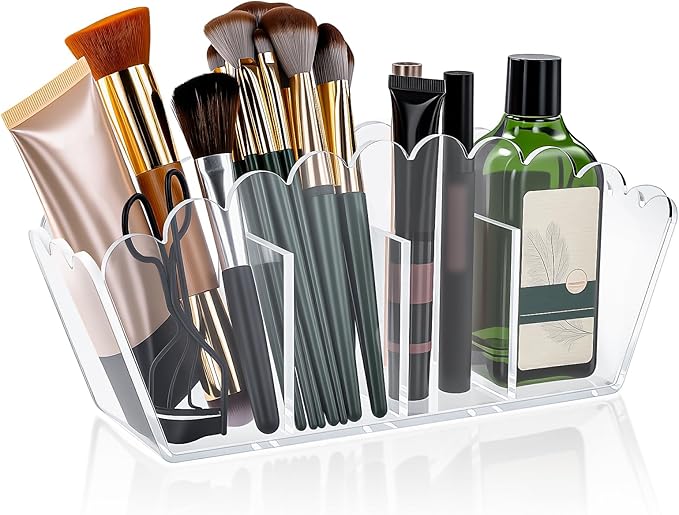Scalloped Acrylic Pencil Holder – Clear Desk Organizer with 4 Compartments – Makeup Brush Holder & Remote Caddy for Office, Bathroom, Table – Party Accessory (4-Comp)