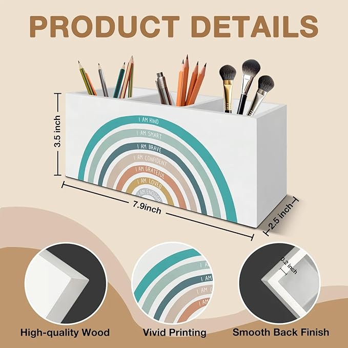 Boho Colorful Rainbow Pen Pencil Holder Organizer for Desk Accessories, Boho Classroom Decor, I Am Kind Inspirational Wooden Box Signs Decorations for Kids Room Home Desk Tabletop