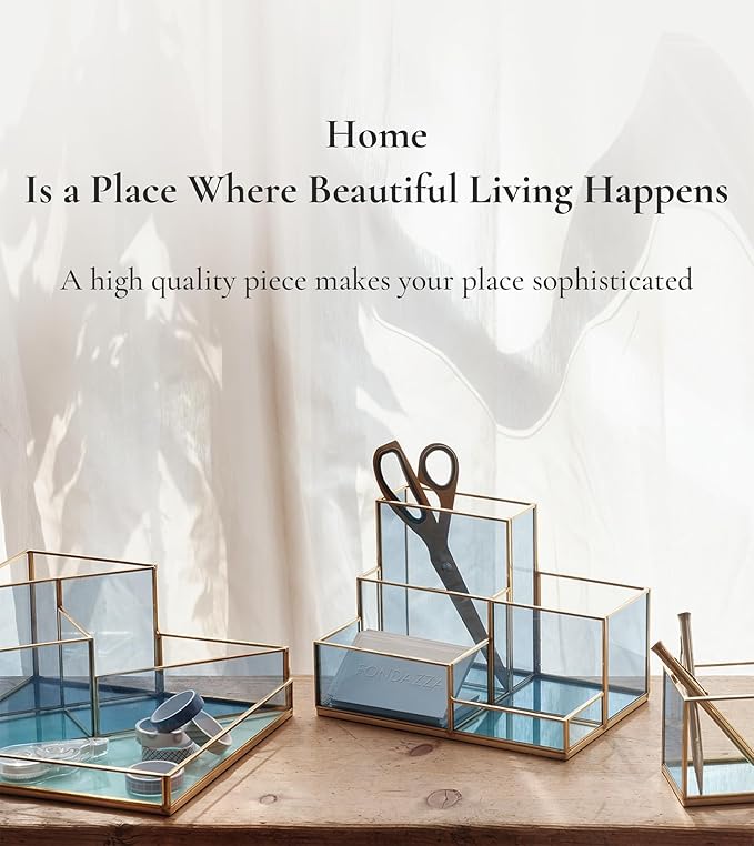 FONDAZZA 5-Compartment Desk Organizer for Home Office Supplies, Gold Brass with Blue Glass, Workspace Storage for Stationery, Cosmetic, Makeup Tools and Brush.