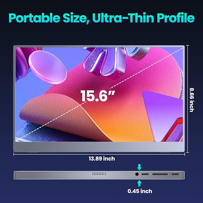 Portable Monitor 15.6" FHD 85% sRGB 60Hz IPS HDR HDMI USB-C Travel Monitor for Laptop MacBook PC Surface PS5 Xbox, External Display with Cover & Speakers, VESA Compatible