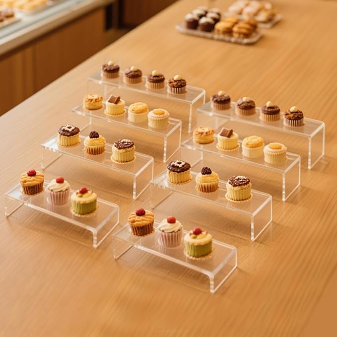 Acrylic Display Riser Stand,8Pcs 12'' Length Tier Display Stands, Thickened to 0.2''(5mm) Acrylic Shelf Risers for Perfume Display,Risers for Buffet Table,Cupcake Stand,Pop Figurines,Tumbler,Food