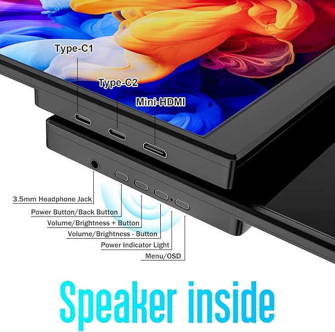 Portable Monitor 15.6 Inch 1080P FHD USB-C HDMI Ultra-Slim Travel Monitor with Kickstand & Speakers, IPS Gaming Display Screen Extender for Laptop PC Mac Phone PS Xbox Switch