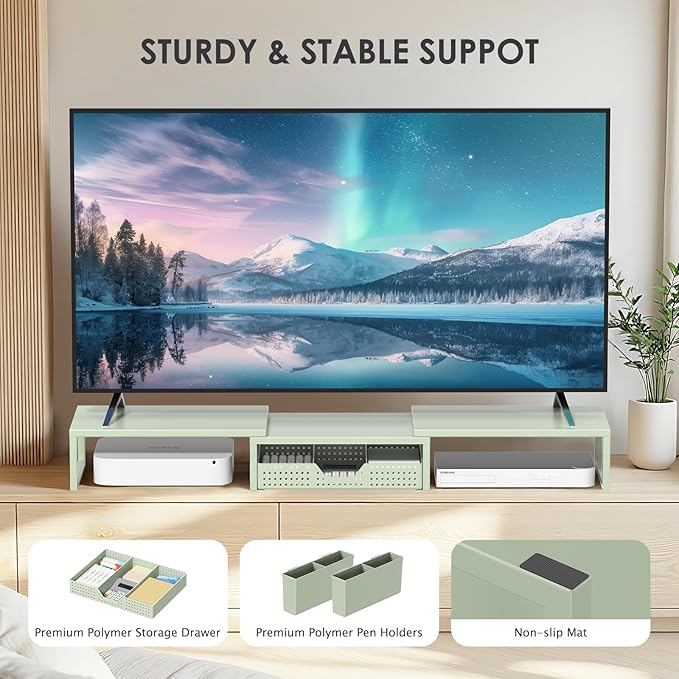 OPNICE Desk Organizers and Accessories, Dual Monitor Stand Riser with Drawer and 2 Pen Holders, Desk Shelf Metal Computer Monitor Stand for Office Workspace Organizers, Desktop Organization (Green)