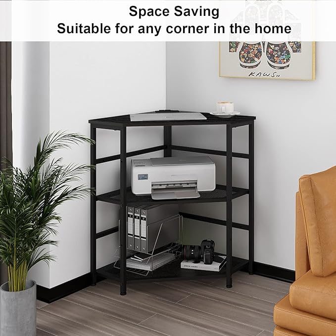 VEDECASA Corner Printer Stand Table with Power Outlet Charging Plugs USB Port Adjustable Storage Shelf Computer Tower CPU Stand Holder for Home Office (Black)