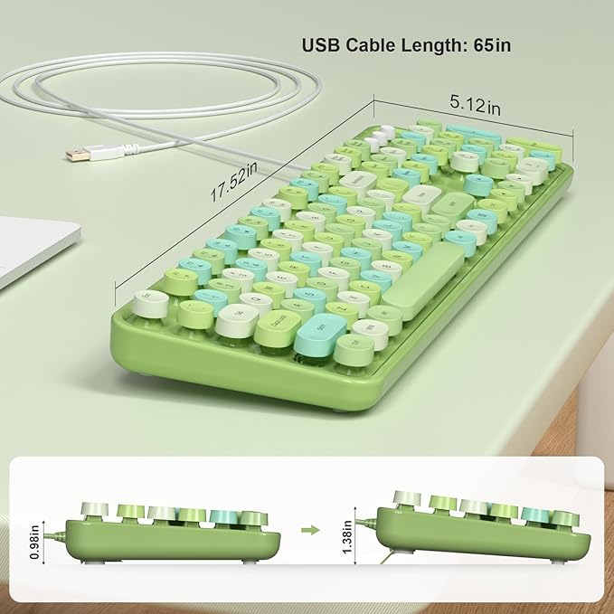 MOFII Wired Keyboard - Full Size USB Plug & Play, Retro Round Typewriter Keyboard with Foldable Stands for Windows PC Laptop (Green Colorful)