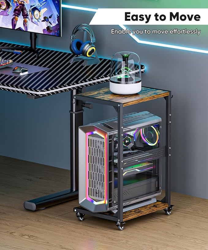 Computer Tower Stand, 2-Tier Metal CPU Holder Stand with Lockable Wheels, Adjustable Under Desk PC Shelf, Mobile Rolling Computer Cart for Home, Office, Gamers and Students, Black