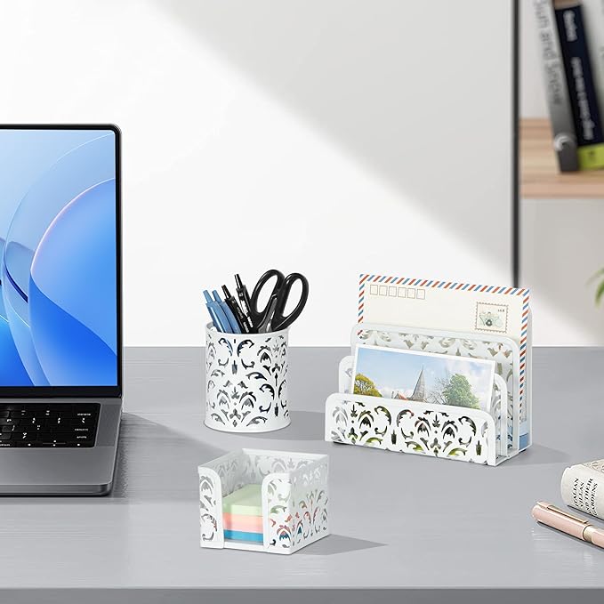 EasyPAG Desk Organizers and Accessories 3 Pieces Office Organizer Set - Pen Holder for Desk, Mail Sorter Countertop and Sticky Note Holder, White