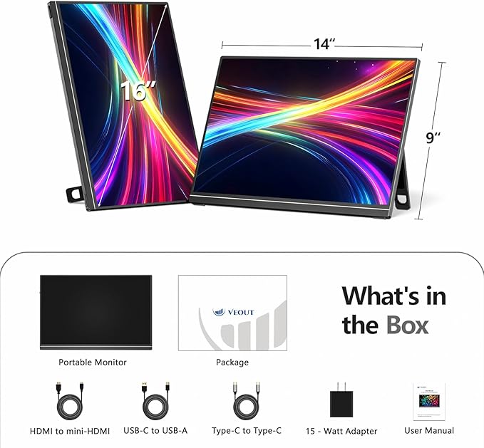 2.5K Portable Gaming Monitor with 144hz in 4 Colors - V1 Pro, 16inch 2560*1600 IPS Travel External Screen with FreeSync, Dual USB-C & Mini HDMI Second Display for Laptop/MacBook/PS5/Xbox/Switch