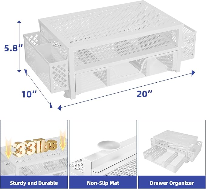 Simple Trending 2 Tier Metal Monitor Stand Monitor riser and Computer Desk Organizer with Drawer and Pen Holder for Laptop, Computer, iMac, White