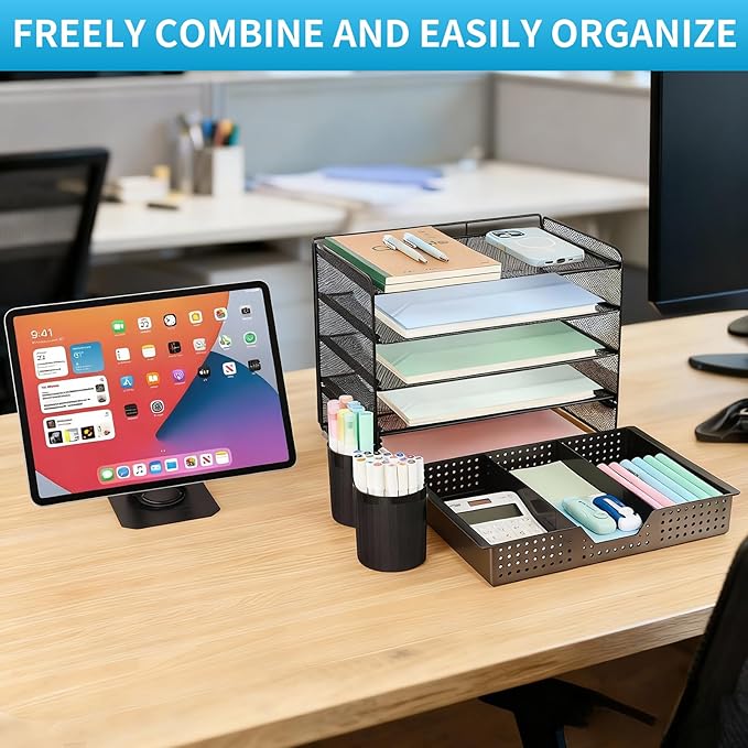 Desk Organizer and Accessories, 5-Tier Paper Letter Tray Organizer with Drawer & 2 Pen Holders for Desktop File Organization, Office Desk Accessories for Supplies Storage (Black)