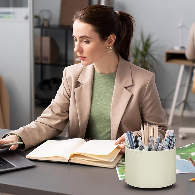 SKYDUE Rotating Pencil Pen Holder, PU Pen Organizer with 4 Slots - Desk Organizer and Accessories for School, Home, Office Supplies