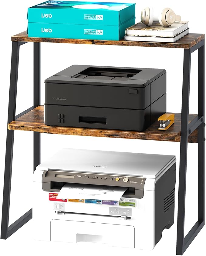 Printer Stand for Desk, Desktop Printer Shelf, 3 Tier Desk Shelf for top of Desk, Large Printer Stands Office Organization Shelves for Home Office Printer Fax Book, Rustic Brown