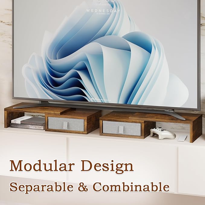 TEAMIX Dual Monitor Stand Riser - Length and Angle Adjustable White Monitor Stand with 2 Drawers to Storage Large Computer Riser for 2 Monitors/Laptop/PC, Wood Screen/TV Stand Desk Organizer (Brown)