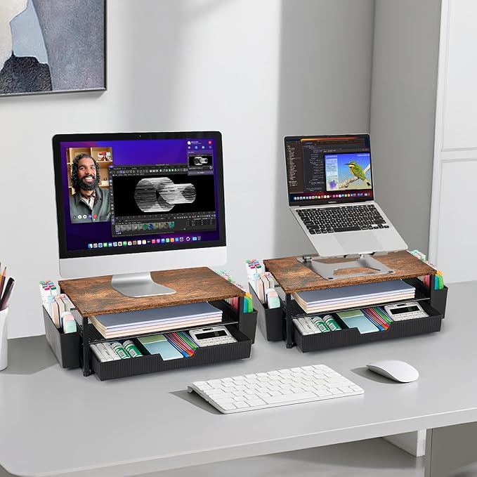 Desk Organizer and Accessories, 2-Tier Computer Monitor Stand Rise with Storage Drawer & 2 Pen Holders, Laptop & Printer Stand for Desktop, Workspace Organizers for Office Supplies (Brown)