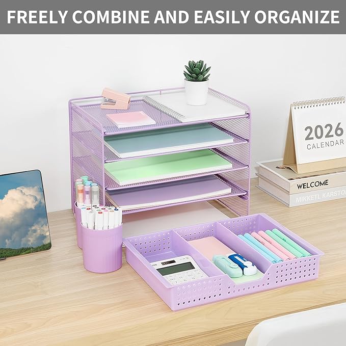 Desk Organizer and Accessories, 5-Tier Paper Letter Tray Organizer with Drawer & 2 Pen Holders for Desktop File Organization, Office Desk Accessories for Supplies Storage (Purple)
