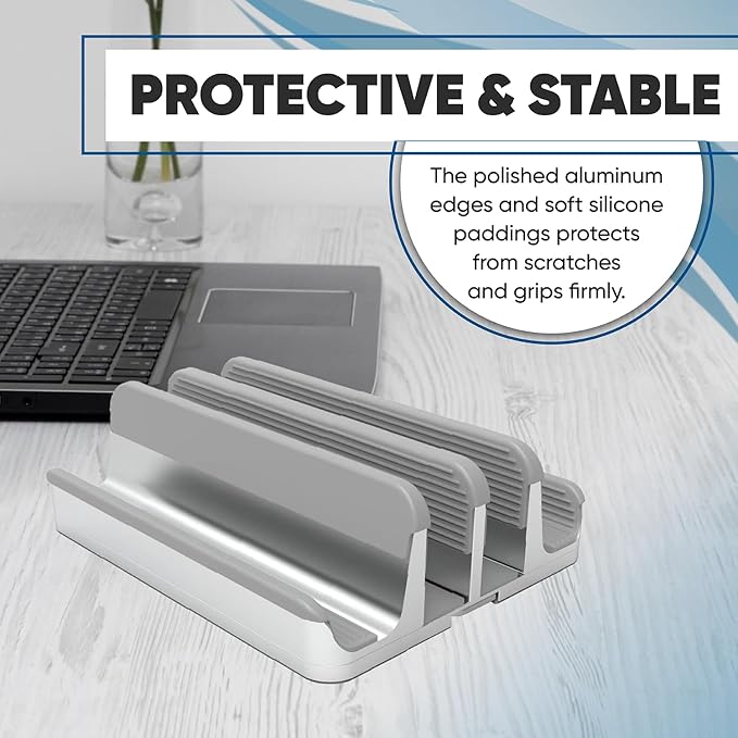 Elestoria 4- Slot Vertical Laptop Stand - Aluminum Laptop Stand Vertical for Desk - Fits MacBook Pro/Air, Surface, Mobiles & Gaming Laptops up to 17.3" - Heavy Duty Laptop Holder for Desk - Silver